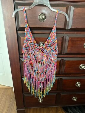 Ekouaer Rainbow Beach Cover UpCrochet tank With Fringe Sz S Boho Festival Beach